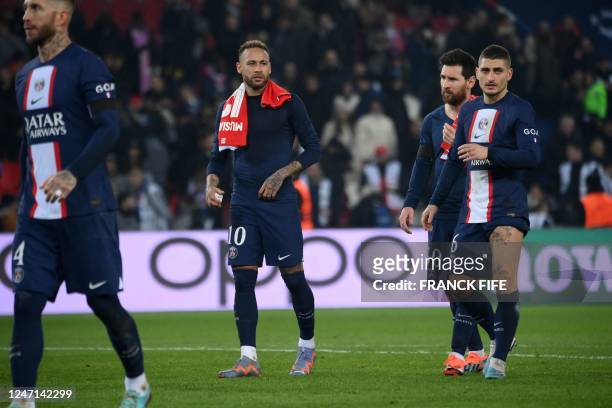 Paris Saint-Germain's Spanish defender Sergio Ramos, Paris Saint-Germain's Brazilian forward Neymar, Paris Saint-Germain's Argentine forward Lionel...