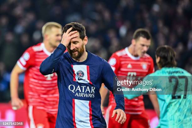 Lionel MESSI of PSG looks dejected during the UEFA Champions League, Round of 16 match between PSG and Bayern Munich at Parc des Princes on February...