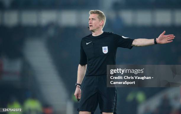 Referee Scott Oldham during the Sky Bet League One between Derby County and Lincoln City at Pride Park Stadium on February 14, 2023 in Derby, United...