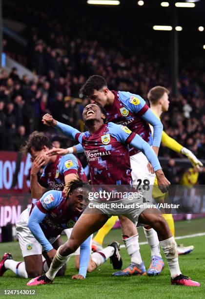 Nathan Tella of Burnley celebrating the equalizer scored by Michael Obafemi of Burnley during the Sky Bet Championship match between Burnley and...