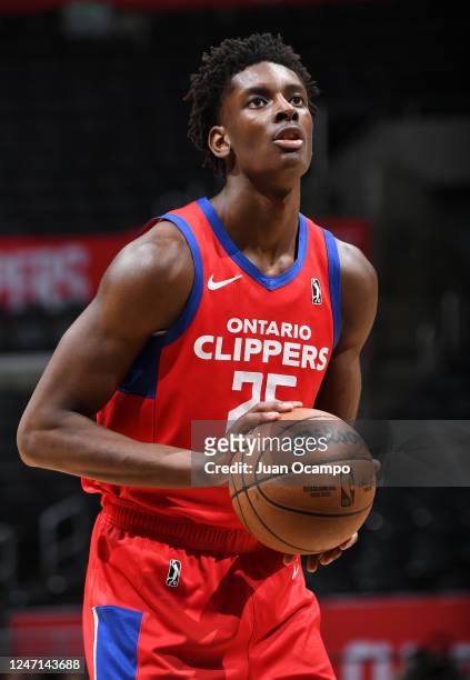 Moussa Diabate of the Ontario Clippers gets set to shoot a free throw during the game against the Texas Legends on February 14, 2023 at Crypto.com...