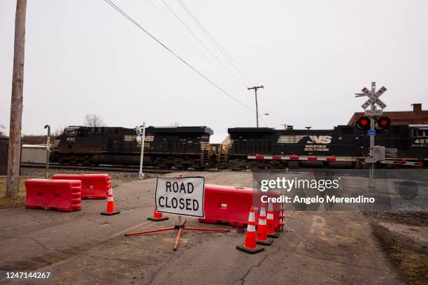 Norfolk Southern train is en route near where another train by the company derailed, on February 14, 2023 in East Palestine, Ohio. The derailment...