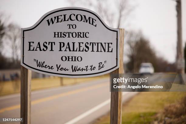 Sign welcomes visitors to the town of East Palestine on February 14, 2023 in East Palestine, Ohio. A train operated by Norfolk Southern derailed on...