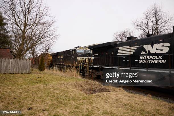 Norfolk Southern train is en route on February 14, 2023 in East Palestine, Ohio. Another train operated by the company derailed on February 3,...