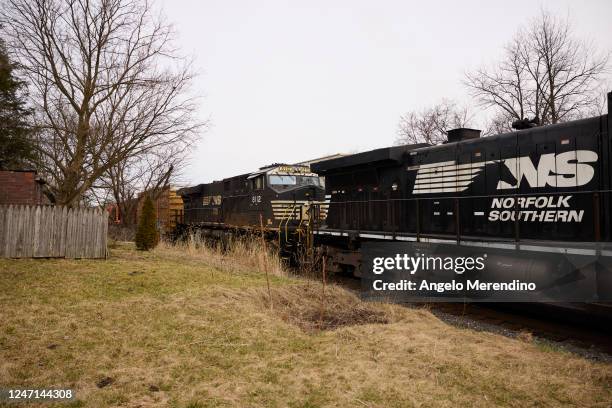 Norfolk Southern train is en route on February 14, 2023 in East Palestine, Ohio. Another train operated by the company derailed on February 3,...