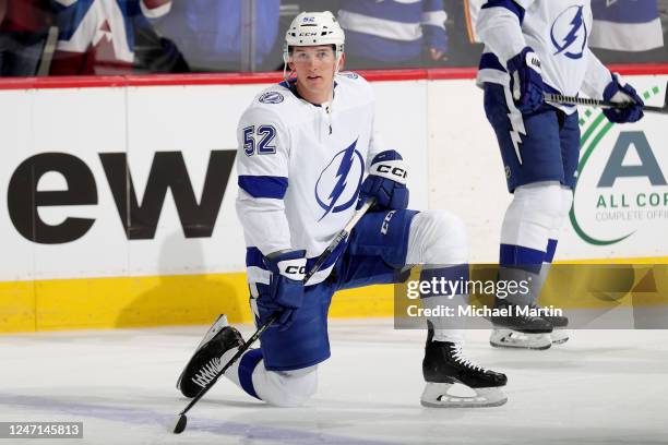 Cal Foote of the Tampa Bay Lightning warms up prior to the game against the Colorado Avalanche at Ball Arena on February 14, 2023 in Denver, Colorado.