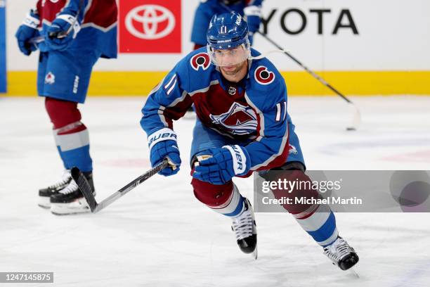 Andrew Cogliano of the Colorado Avalanche warms up prior to the game against the Tampa Bay Lightning at Ball Arena on February 14, 2023 in Denver,...