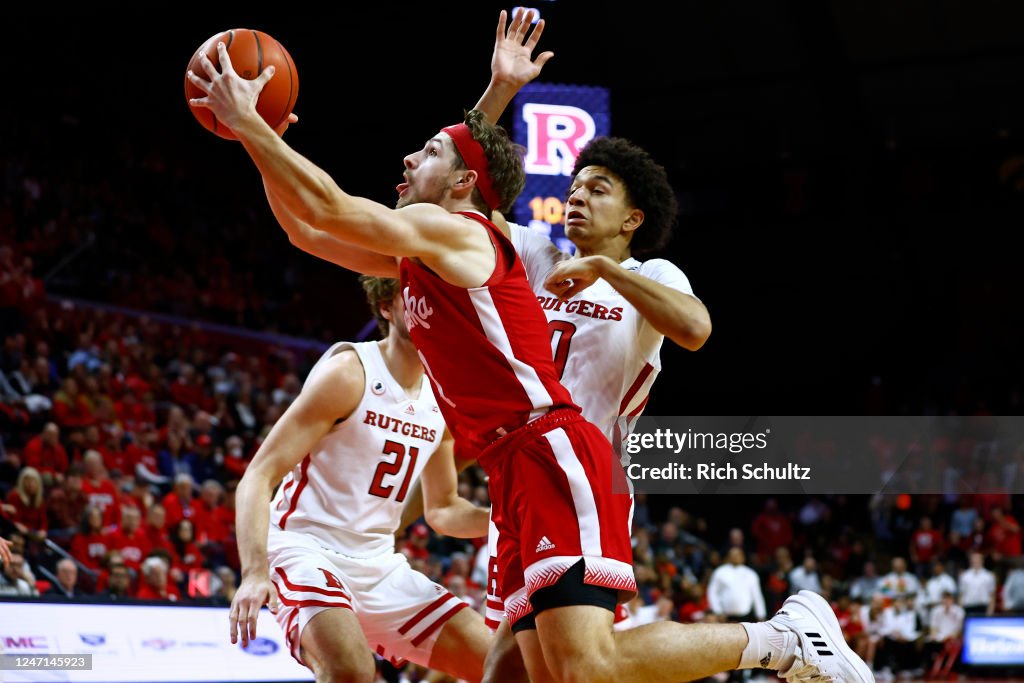 Sam Stephan Rutgers Sam Hoiberg of the Nebraska Cornhuskers goes up for a shot against ...