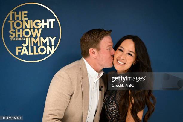 Episode 1799 -- Pictured: TV personalities Chip Gaines and Joanna Gaines pose together backstage on Tuesday, February 14, 2023 --
