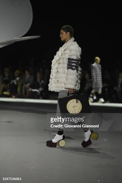 Model on the runway at Thom Browne Fall 2023 Ready To Wear Fashion Show at The Shed on February 14, 2023 in New York, New York.
