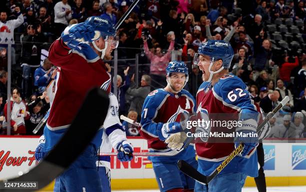 Valeri Nichushkin and Artturi Lehkonen of the Colorado Avalanche celebrate a goal against the Tampa Bay Lightning at Ball Arena on February 14, 2023...