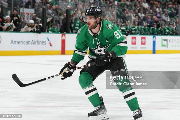 Tyler Seguin of the Dallas Stars skates against the Boston Bruins at the American Airlines Center on February 14, 2023 in Dallas, Texas.