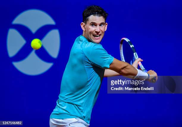 Dominic Thiem of Austria plays a backhand in the first round singles match against Alex Molcan of Slovakia during day two of the ATP 250 Argentina...
