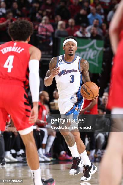 Bradley Beal of the Washington Wizards dribbles the ball during the game against the Portland Trail Blazers on February 14, 2023 at the Moda Center...