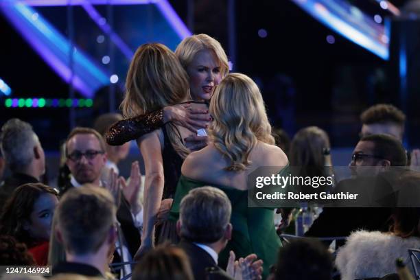 January 21, 2018- Nicole Kidman, "Big Little Lies" is congratulated by co-stars Laura Dern and Reese Witherspoon for her SAG Award for Outstanding...