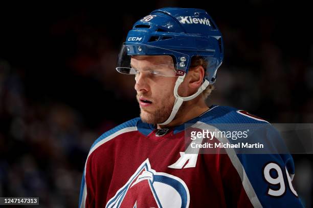 Mikko Rantanen of the Colorado Avalanche looks on during a pause in play against the Tampa Bay Lightning at Ball Arena on February 14, 2023 in...