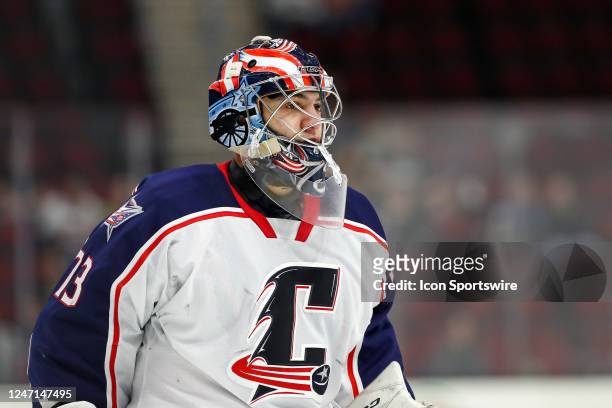 Cleveland Monsters goalie Jet Greaves on the ice during the third period of the American Hockey League game between the Rochester Americans and...
