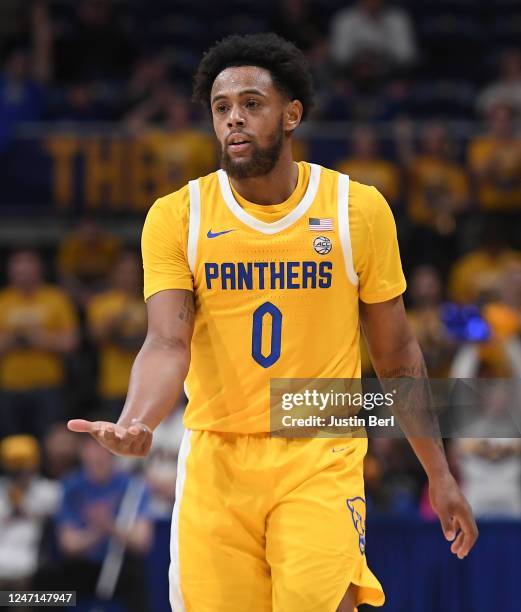 Nelly Cummings of the Pittsburgh Panthers reacts after hitting a three point basket in the second half during the game against the Boston College...