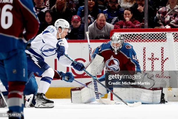 Vladislav Namestnikov of the Tampa Bay Lightning scores against the Colorado Avalanche at Ball Arena on February 14, 2023 in Denver, Colorado.