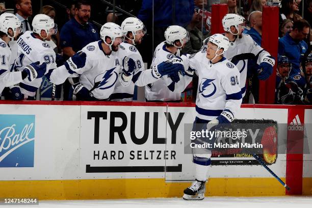 Vladislav Namestnikov of the Tampa Bay Lightning celebrates a goal against the Colorado Avalanche at Ball Arena on February 14, 2023 in Denver,...