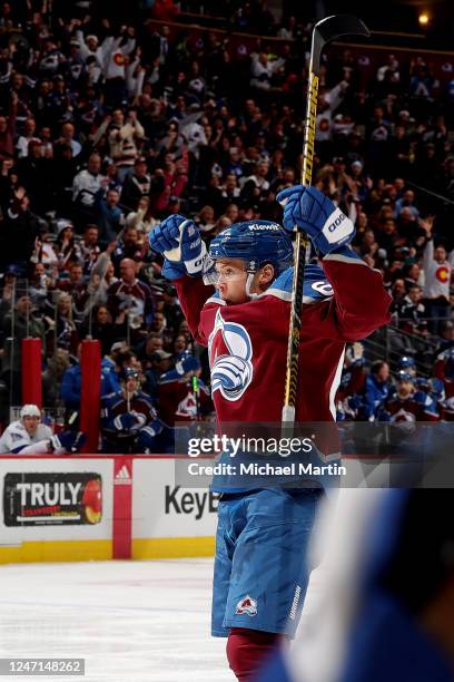 Artturi Lehkonen of the Colorado Avalanche celebrates a goal against the Tampa Bay Lightning at Ball Arena on February 14, 2023 in Denver, Colorado.