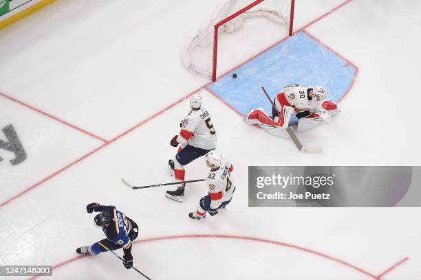 Brayden Schenn of the St. Louis Blues reacts after scoring a goal against Spencer Knight of the Florida Panthers at the Enterprise Center on February...