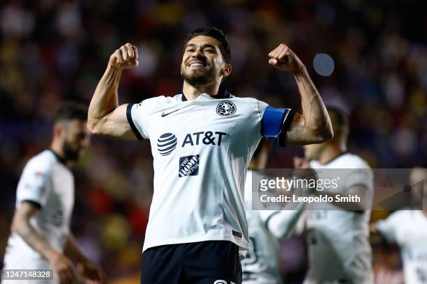 Henry Martin of America celebrates after acoring the third goal of the team during the 7th round match between Atletico San Luis and America as part...