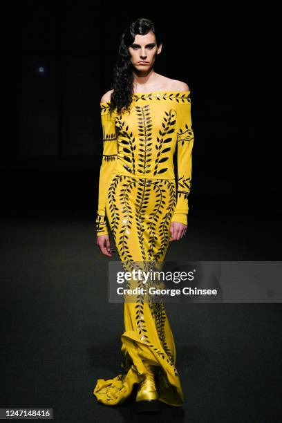 Model on the runway at Altuzarra Fall 2023 Ready To Wear Fashion Show at the New York Public Library on February 14, 2023 in New York, New York.