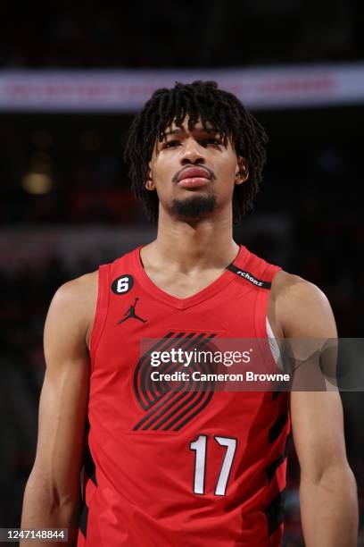 Shaedon Sharpe of the Portland Trail Blazers looks on during the game against the Washington Wizards on February 14, 2023 at the Moda Center Arena in...