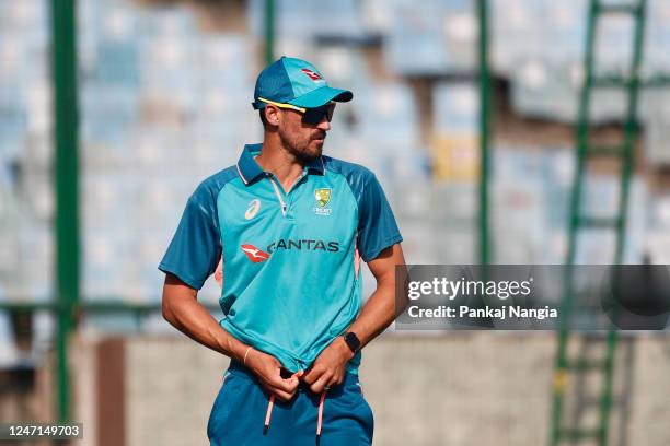 Mitchell Starc of Australia in action during an Australia Test squad training session at Arun Jaitley Stadium on February 15, 2023 in Delhi, India.