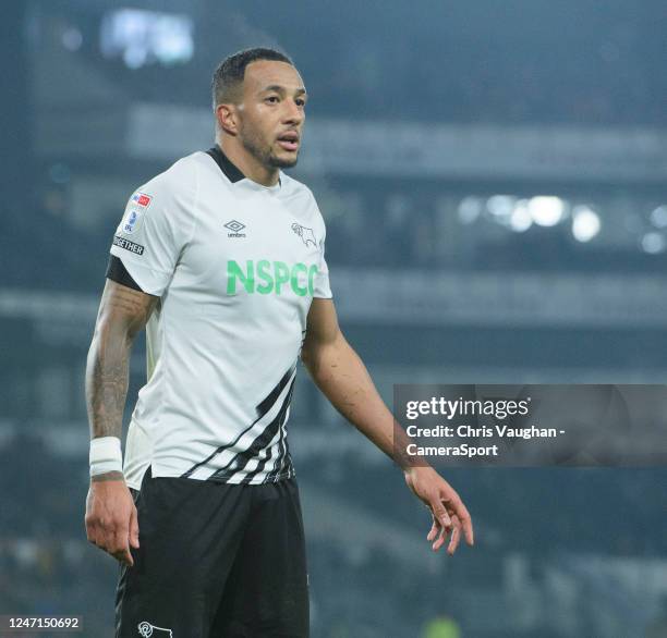 Derby County's Nathaniel Mendez-Laing during the Sky Bet League One between Derby County and Lincoln City at Pride Park Stadium on February 14, 2023...