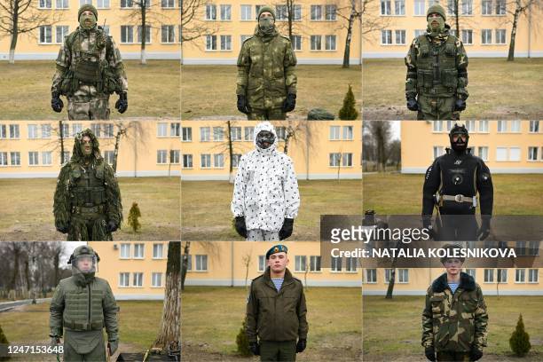 This combination of pictures taken on February 13, 2023 shows paratroopers of the 38th Separate Guards Air Assault Brigade - a special forces brigade...