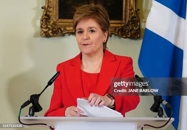 Scotland's First Minister, and leader of the Scottish National Party , Nicola Sturgeon, speaks during a press conference at Bute House in Edinburgh...