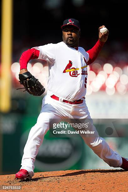 Arthur Rhodes of the St. Louis Cardinals delivers a pitch during the game at Busch Stadium on September 11, 2011 in St. Louis, Missouri. The St....