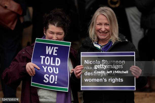 Women's rights protesters stand outside of Bute House on February 15, 2023 in Edinburgh, United Kingdom. Nicola Sturgeon has resigned after eight...