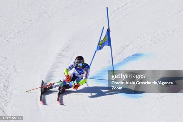 Zan Kranjec of Team Slovenia competes during the FIS Alpine World Cup Championships Men's and Womenâs Parallel Slalom on February 14, 2023 in...