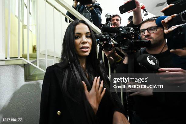 Karima El-Mahroug, a.k.a. Ruby, reacts on February 15, 2023 at a Milan special courthouse, following a court decision wether media mogul and senator...