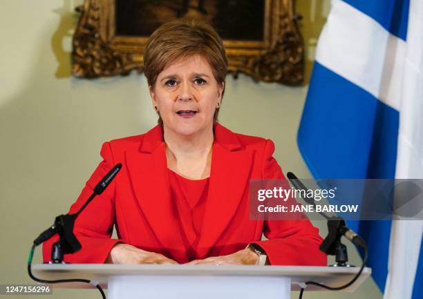 Scotland's First Minister, and leader of the Scottish National Party , Nicola Sturgeon, speaks during a press conference at Bute House in Edinburgh...