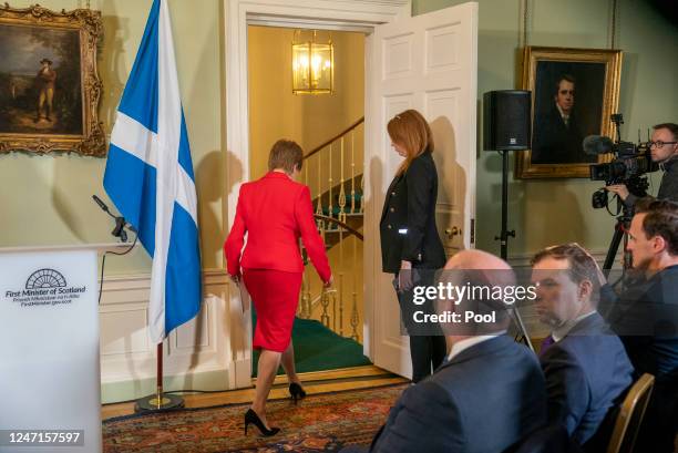 Nicola Sturgeon leaves after a press conference at Bute House where she announced she will stand down as First Minister of Scotland on February 15,...