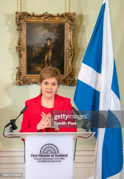 Nicola Sturgeon speaks during a press conference at Bute House where she announced she will stand down as First Minister of Scotland on February 15,...