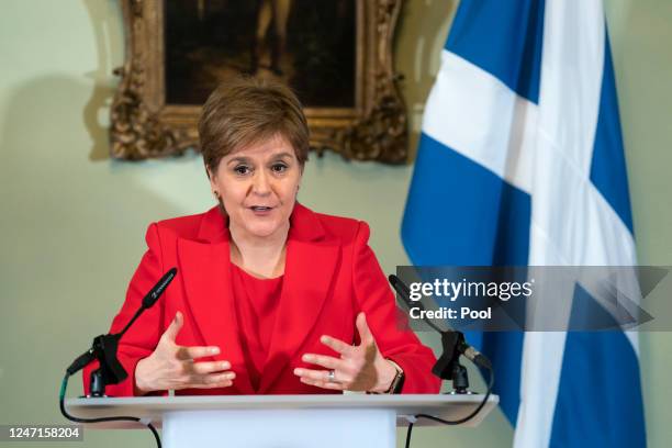 Nicola Sturgeon speaks during a press conference at Bute House where she announced she will stand down as First Minister of Scotland on February 15,...