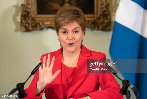 Nicola Sturgeon speaks during a press conference at Bute House where she announced she will stand down as First Minister of Scotland on February 15,...