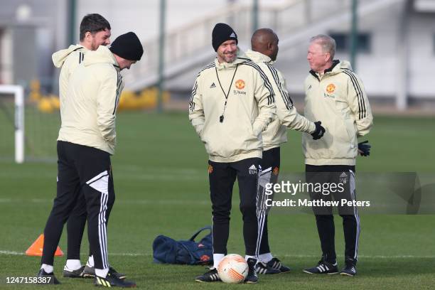 Manchester United Head Coach / Manager Erik ten Hag reacts during a first team training session at Carrington Training Ground on February 15, 2023 in...