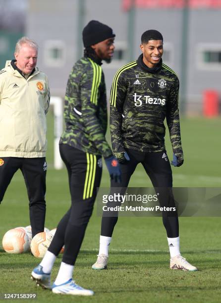 Marcus Rashford of Manchester United reacts during a first team training session at Carrington Training Ground on February 15, 2023 in Manchester,...