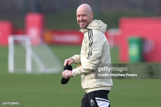 Manchester United Head Coach / Manager Erik ten Hag reacts during a first team training session at Carrington Training Ground on February 15, 2023 in...