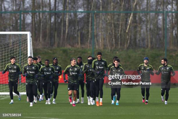 The Manchester United players in action during a first team training session at Carrington Training Ground on February 15, 2023 in Manchester,...