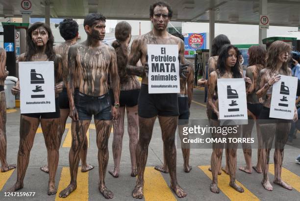Members of AnimaNaturalis with their bodies covered with black paint protest against the oil spill of BP's drilling well in the Gulf of Mexico, on...