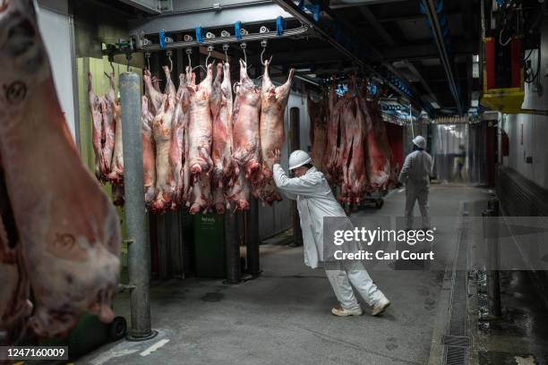 Worker pushes newly-delivered pork into a wholesale butchers at Smithfield Market on February 14, 2023 in London, England. Central London's...
