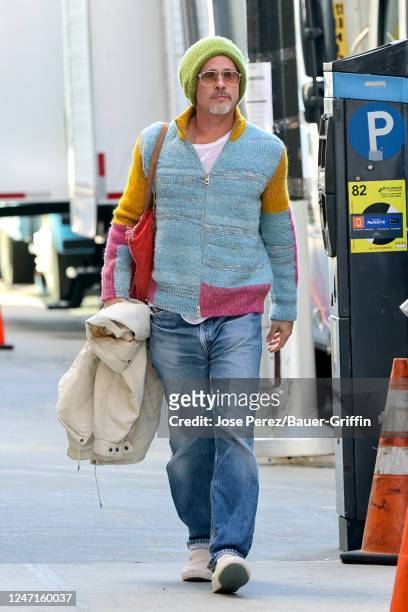 Brad Pitt is seen arriving at the film set of the 'Wolves' on February 14, 2023 in New York City.
