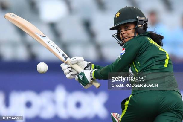Pakistan's Javeria Wadood Khan watches the ball after playing a shot during the Group B T20 women's World Cup cricket match between Pakistan and...